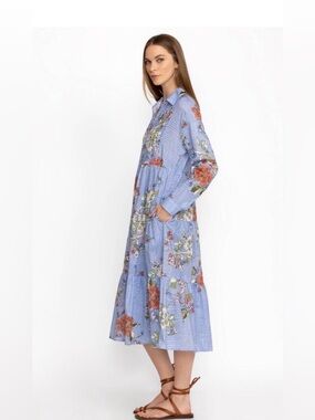 Johnny Was Cotton Floral Blue Long Sleeve Dress